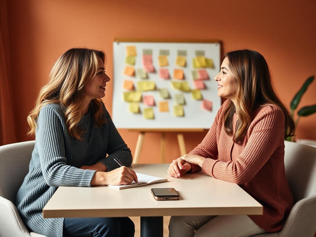 Deux femmes en séance d'accompagnement devant un tableau de brainstorming
