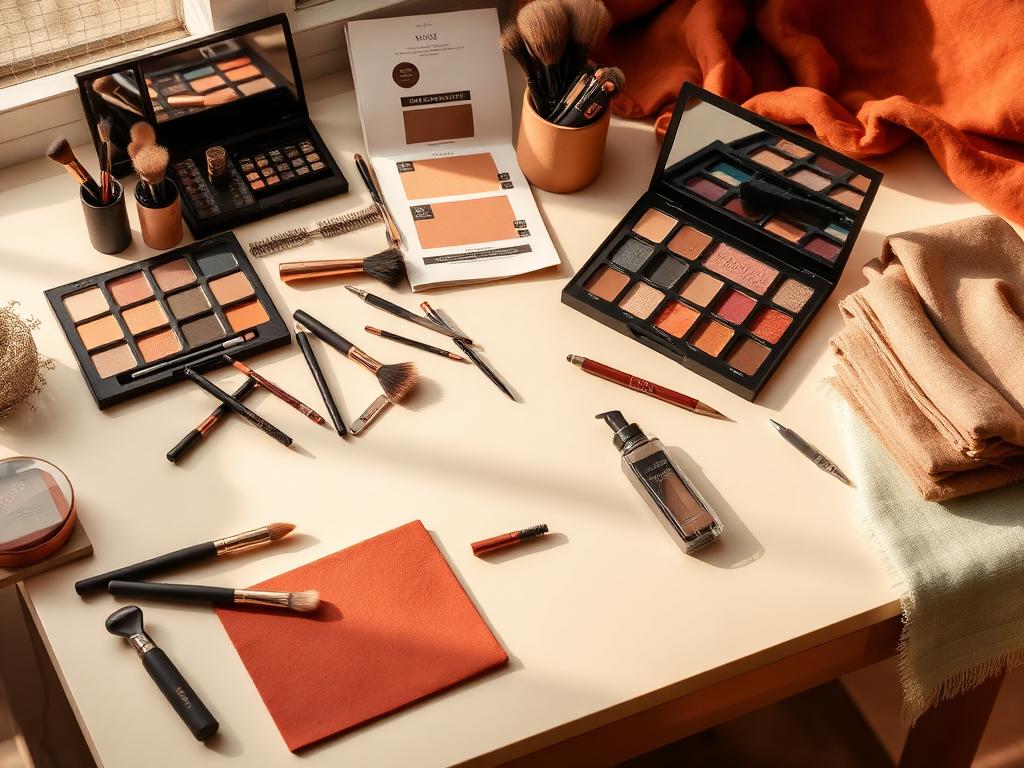 Palettes de maquillage, brosses et outils posés sur une table lumineuse