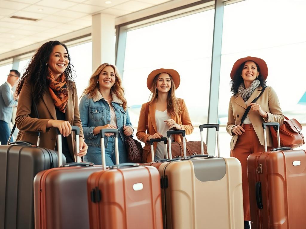 Groupe de femmes souriantes avec leurs valises dans un aéroport